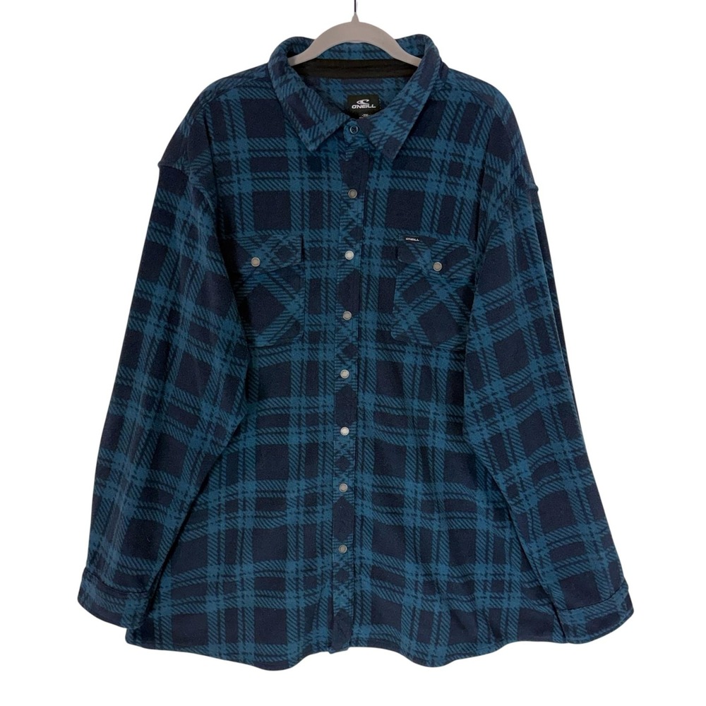 O'Neill Shacket Mens 2XL Blue Plaid Fleece‎ Long Sleeve Snap Front Casual